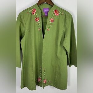 Suzanne Somers Green Jacket with Floral Embroidery Size Large NWT